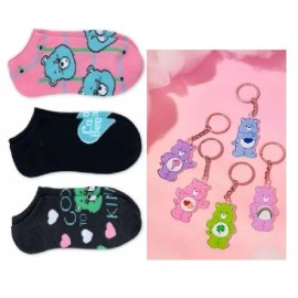 Care Bears 1- 3-Pack of Care Bears Print No-Show Socks and  1- Random Acrylic Keychain