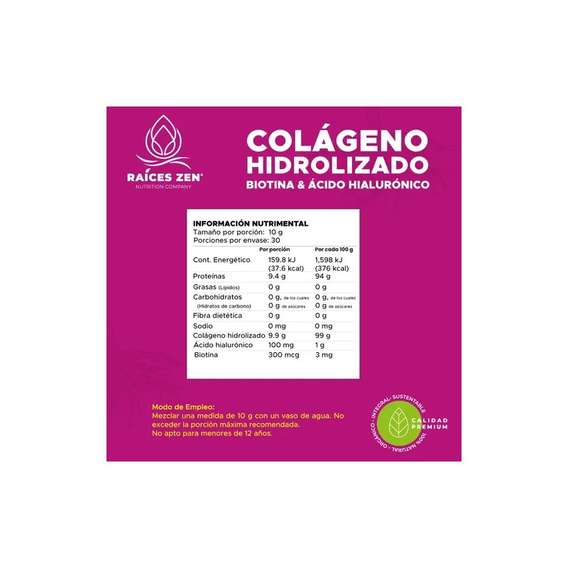Colágeno Hidrolizado con Biotina y Ácido Hialurónico de Raíces Zen,