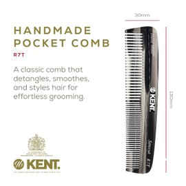 Kent R7T Graphite Double Tooth Hair Pocket Comb, Small Fine/Wide Tooth Comb For Grooming Styling Hair, Beard and Mustache, for Men, Women and Kids. Saw Cut and Hand Polished. Handmade in England