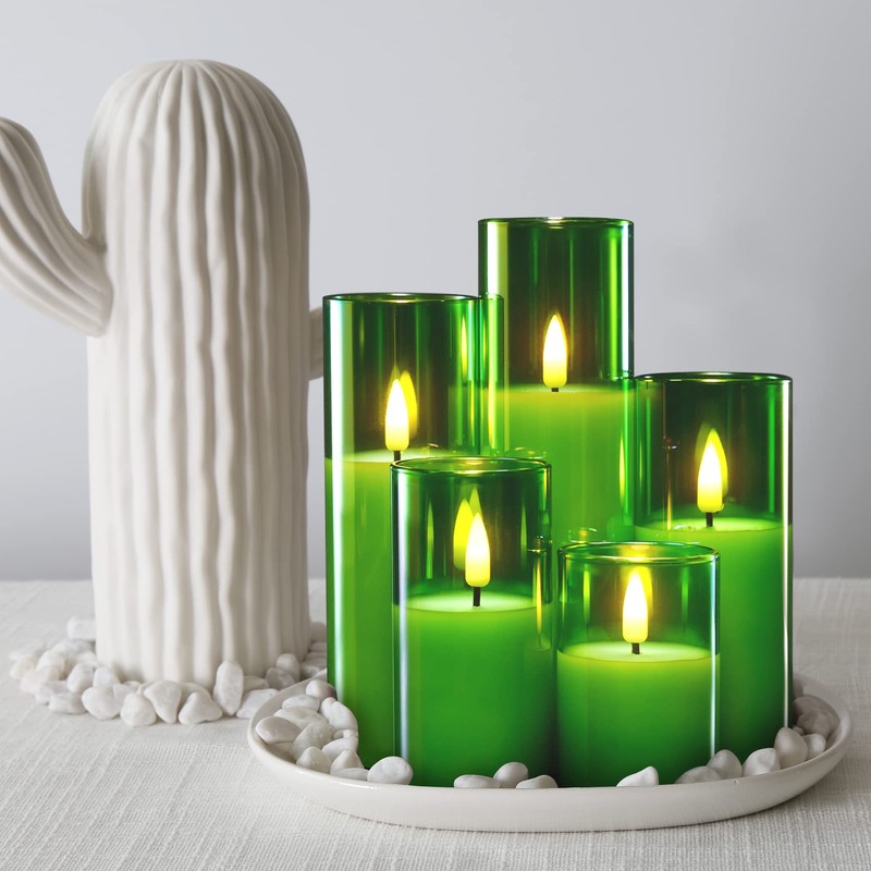 Girimax Green Glass Flameless Candles with Remote, Flickering LED Votive