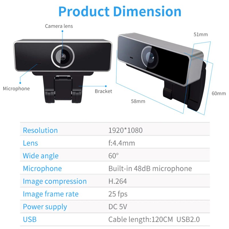 FHD 1080P USB PC Webcam with Auto Focus Microphone 60-Degree