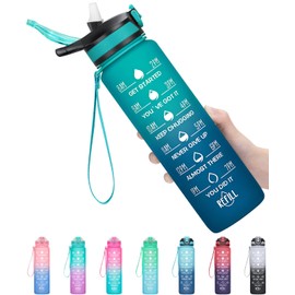 MEITAGIE 32oz Leakproof Motivational Sports Water Bottle with Straw & Time Marker, Flip Top Durable BPA Free Tritan Non-Toxic Frosted Bottle Perfect for Office, School, Gym and Workout (Ombre: Dark