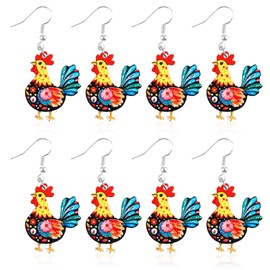 4 Pairs Chicken Earrings for Women, Funky Funny Dangle Drop Earrings, Cute Rooster Hen Farm Animal Jewelry, Unique Chicken Gifts