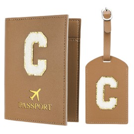 PATIKIL Passport Holder for Travel, Initial Passport Cover and Luggage Tag Set with Alphabet Chenille Letter Patch Travel Wallet Bag Suitcase Identifier for Women Family Travel Brown C