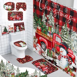 FuWeave 8 Pcs Christmas Shower Curtain Set Xmas Santa Bathroom Decoration Christmas Tree Hand Towels Snowman Toilet Lid Cover Bathroom Rugs Xmas Shower Curtain with Hooks(Buffalo Plaid)