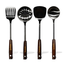 Eclimia 4-Piece Wooden & Stainless Steel Spatula Set – Includes Wok Spatula, Ladle, Skimmer Spoon & Slotted Turner – Durable Kitchen Utensils for Stir Fry & Cooking