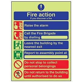 V Safety 12009AN-G Glow In The Dark General Fire Action 6 Message Sign - 150mm x 200mm - Rigid Plastic, Black/Blue/Green/Red