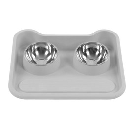 Cat Water Food Bowl 15 Degree Tilt Prevent Spill Stainless Steel Double Pet Bowl Set Grey