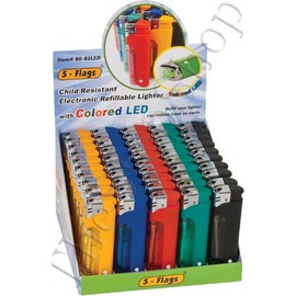 50pc. 5 - Flags Assorted Color with Colored LED Child Resistant Electronic Refillable Lighter (G80)