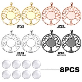 8 Sets 4 Colors Dream Catcher Pendant Trays Alloy Tree of Life Charms with Clear Dome Glass Cabochons for Photo Cameo Bracelet Necklace Jewelry Making Accessories