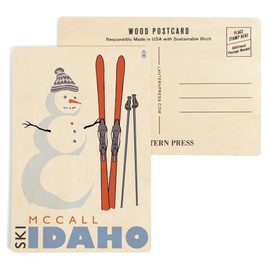 McCall, Idaho, Snowman with Skis (4x6 Birch Wood Postcards, 2-Pack Stationary, Rustic Home Wall Decor)