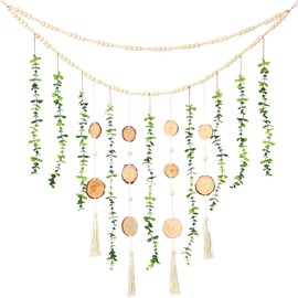 Jetec Hanging Eucalyptus Boho Wall Decor 36 x 36 Boho Wall Hanging Wooden Bead Garland Artificial Greenery Leaves Stems Rustic Eucalyptus Garland Natural Greenery Decoration for Bedroom Living Room
