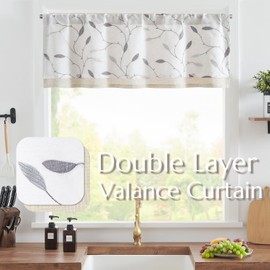 jinchan White Sheer Valance for Window Gray Leaf Embroidered Valance Light Filtering Grey Voile Window Treatment for Living Room Kitchen Farmhouse Rustic Double Layer Curtain 18 Inch 1 Panel