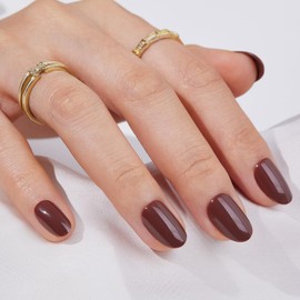 Findigit Press On False Nails Short - Brown Press On Nails, Short Oval Fake Nails with Nail Glue, Soft Gel Nail Kit for Women, Natural Reusable Glue On Nails 16 Sizes - 32 Nail Kits, Coffee Bean