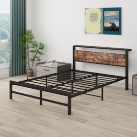 ARFARLY Queen Bed Frame with Wood Storage Headboard,Platform Bed Frame Queen No Box Spring Needed,Strong Slats Mattress Foundation,Easy Assembly,Black+Brown