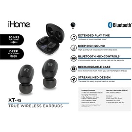 iHome XT-45 - Auriculares inalámbricos con funda de viaje recargable, auriculares Bluetooth con micrófono y control táctil, color negro