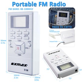 EXMAX E108 Wireless FM Radio Receiver Portable DSP Stereo Pocket Mini Receiver Digital Samll Earbuds LCD Clock for Translator Tour Guide System FM Transmitter Work - White