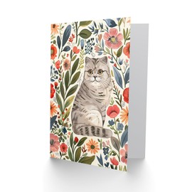 Artery8 Greeting Card Scottish Fold and Rustic Floral Pattern Cat Lover For Her Woman Birthday Card