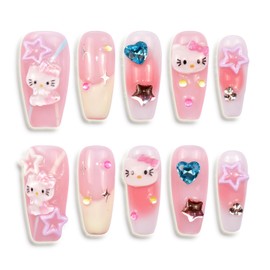 LIFOOST Press on Nails Handmade Fake Nails Medium Coffin Gel Finished False Nails Cute Kawaii Y2K 3D Cartoon Cat Design 10Pcs, Size Small