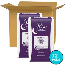 Poise Overnight Incontinence & Postpartum Pads for Bladder Leaks, 8 Drop Extra Coverage, 72 Count (2 Packs of 36), Packaging May Vary