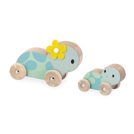 Janod - Set of 2 Wooden Turtles - Rolling toy - Silent Wheels - Educational Toy - Develops fine motor skills and imagination - From 1 year - J05148