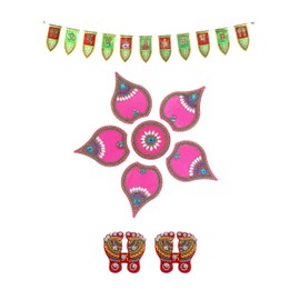 Acrylic Pnk Floor Rangoli Combo Diwali Toran with Red Laxmi Charan Paduka Pagal Floor Wall Stickers Indian Puja Diwali Festival Decorations Home Temple Decor Gift – CMB-05