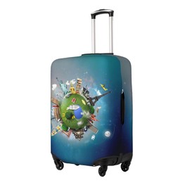 DOINBEE Around the World Suitcase Covers Funny Famous Landmarks Airplane World Map in Galaxy Sky Blue Rainbow Travel Luggage Cover Protector for Suitcase 18-21 Inch, Elastic Luggage Sleeves or Covers