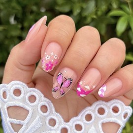 Spring Press on Nails Almond Fake Nails Nude False Nails with Butterfly Flower Designs Cute Glue on Nails French Tip Stick on Nails Full Cover Floral Summer Acrylic Nails Glossy Artificial Nails