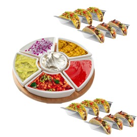 GOVNPJ Taco Tuesday Kit - Taco Serving Platter with 6pcs Taco Holders, Lazy Susan Taco Bar Serving Set for A Party, Fondue Pot for Burritos, Nachos, and Fajitas