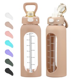 SIEROZUR 32 Glass Water Bottle with Straw and Handle Motivational Water Bottles with Silicone Sleeve and Time Marker Leakproof Borosilicate Water Bottle for Gym Home Office