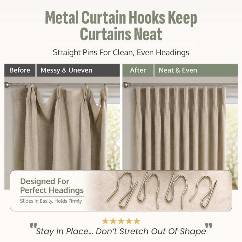 Curtain Hooks - Heavy Duty Metal Pin Hooks, 50 Pack