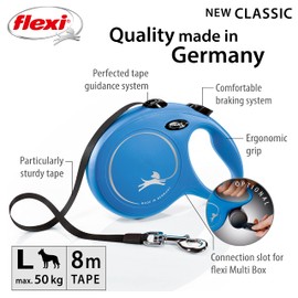 Flexi New Classic Tape Blue Large 8m Retractable Dog Leash/Lead for dogs up to 50kg/110lbs