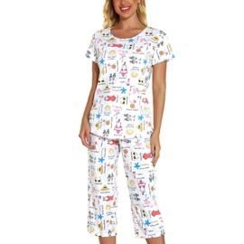 Lu's Chic Women's Cute Pajama Set Cotton Capri Loungewear Soft Short Sleeve Pjs Comfy Pants Lounge Two Piece Patterned Print Sleepwear White X-Large