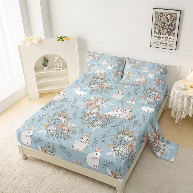 QOOMO Cute Animal Bunny Microfiber Flat Fitted Sheets Set for