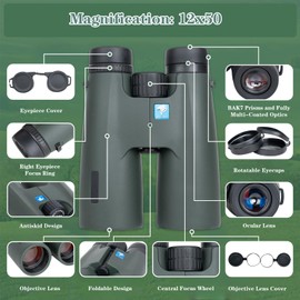12x50 HD Binoculars for Adults High Powered, HD Large View Binoculars with Clear Low Light Vision, Lightweight Waterproof Binoculars for Bird Watching Hunting, Green