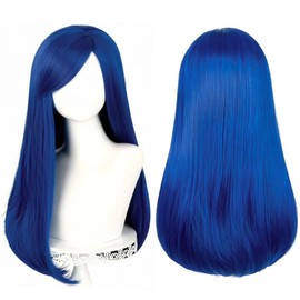 PORSMEER 24 inch/60 cm Long Natural Wavy Wigs for Women with Bangs Cosplay Fancy Dress Synthetic Heat Resistant Hair (Blue)