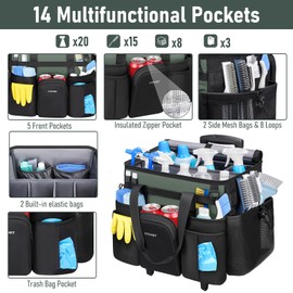 Ytonet Cleaning Caddy with Wheels, Extra Large Rolling Cleaning Caddy Bag with Detachable Trolley for Housekeepers, Water Resistant Cleaner Supplies Organizer with Wheels for Kitchen, Tool Organizer