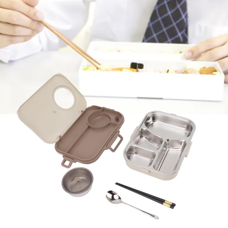 Stainless Steel Lunch Box with Soup Bowl Spoon Chopsticks Beige