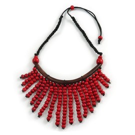 Avalaya Statement Red Wooden Bead Fringe Black Cotton Cord Necklace - Adjustable