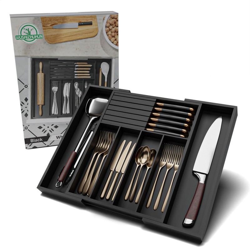 WUSHIZHUHUN Utensil Organizer Silverware Tray for Drawer - Bamboo Knife