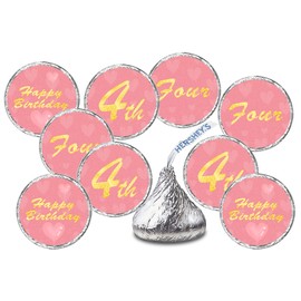 4th Birthday Kisses Stickers, Four Pink Kiss Labels for Girl Happy Birthday Party, Chocolate Drop Tabletop Decorations, Candy Not Included. Made in USA