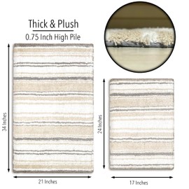 Chardin home Maui Bath Mat, Set of 2 Bath Rugs (17 Inches x24 Inches & 21 Inches x34 Inches) | Non Slip Bathroom Rug, Machine Washable, Plush, Highly Absorbent | White- Beige