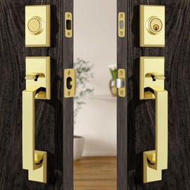 Moquin Double Front Door Lock Set, Polished Brass Square Front Door Hardware Set with Dummy, Heavy Duty Door Handle with Deadbolt, Double Entry Door Lock Set with Reversible Handle