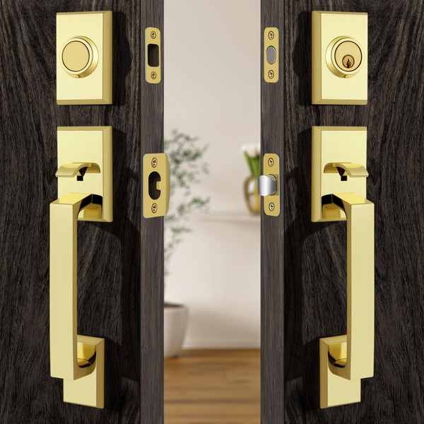 Moquin Double Front Door Lock Set, Polished Brass Square Front