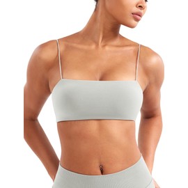 YEOREO Women's Spaghetti Strap Sports Bra Enidy Square Neck Yoga Wireless Low Impact Padded Seamless Cami Crop Top Feather Rice S