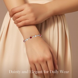 LOUISA SECRET Five Love Heart Birthstone Bracelets for Women, 925 Sterling Silver Fine Jewelry, Charm Link Bracelets Birthday Anniversary Christmas Gift for Women Wife Mom Girlfriend Lady