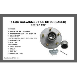 TMW Boat Trailer Galvanized Hub Kit 5 Lug 1-3/8" x -1/16" Bearing 3,500 Greased
