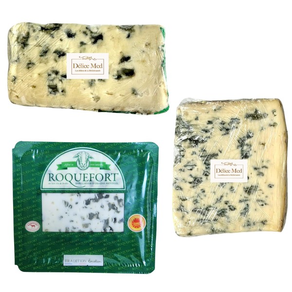 《DELICEMED》Blue Mold, Blue Cheese Assortment Set of 3 (Fulm Dambert, Blue de Meme, Rockfall AOP Tradition Emotion) Blue Cheese Set of 3 Assorted (FOURME D'AMBERT, BLEU DE MEE, Roquefort AOP Tradition