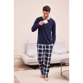 Ekouaer Men's Pyjamas Set Cotton Long Sleeves Pjs Loungewear Plaid 2 Piece Nightwear Soft with Pockets Sleepwear for Men Navyblue