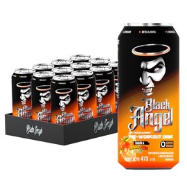 FORZAGEN Bebida Energizante Pre-Entreno Carbonatada Black Angel, 12 Latas de 473 ml, Sabor Mandarina Punch, Sin Azúcar, con Cafeína, Beta Alanina, L  